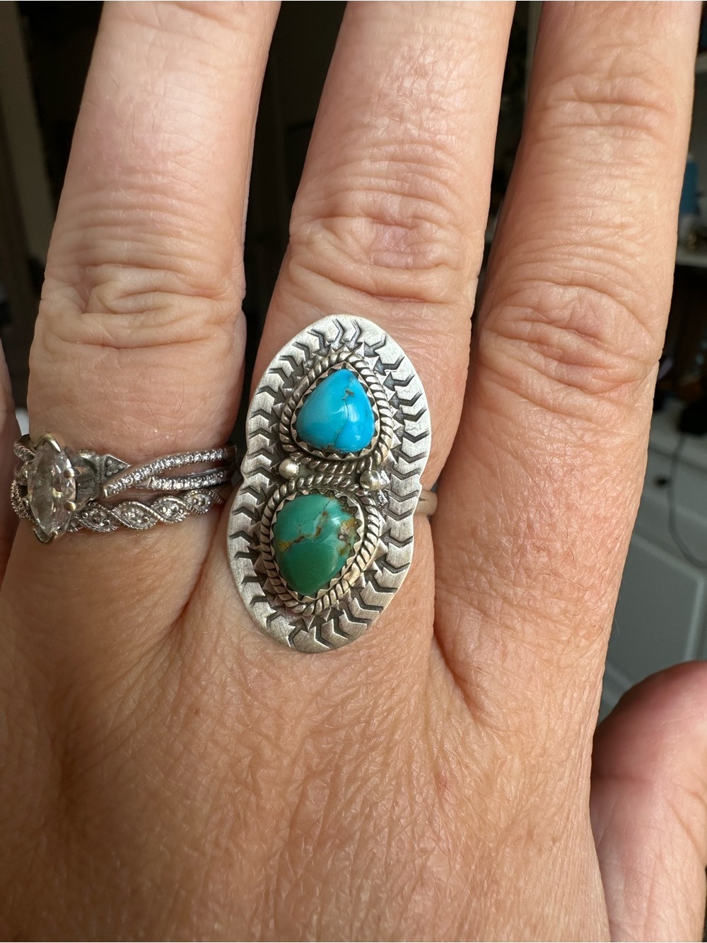 Handcrafted Sterling Silver Double Stone Turquoise Ring - Size 8